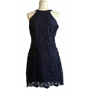 Lulus Love Poem Sz L Navy Blue Halter Neck Crochet Lace Cocktail Mini Dress